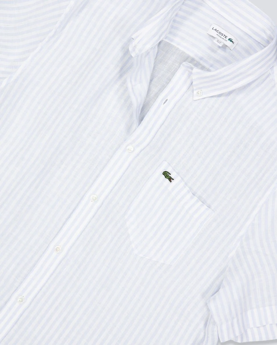 Camisa Lacoste Casual Manga Corta Azul Blanco Hombre - Image 5